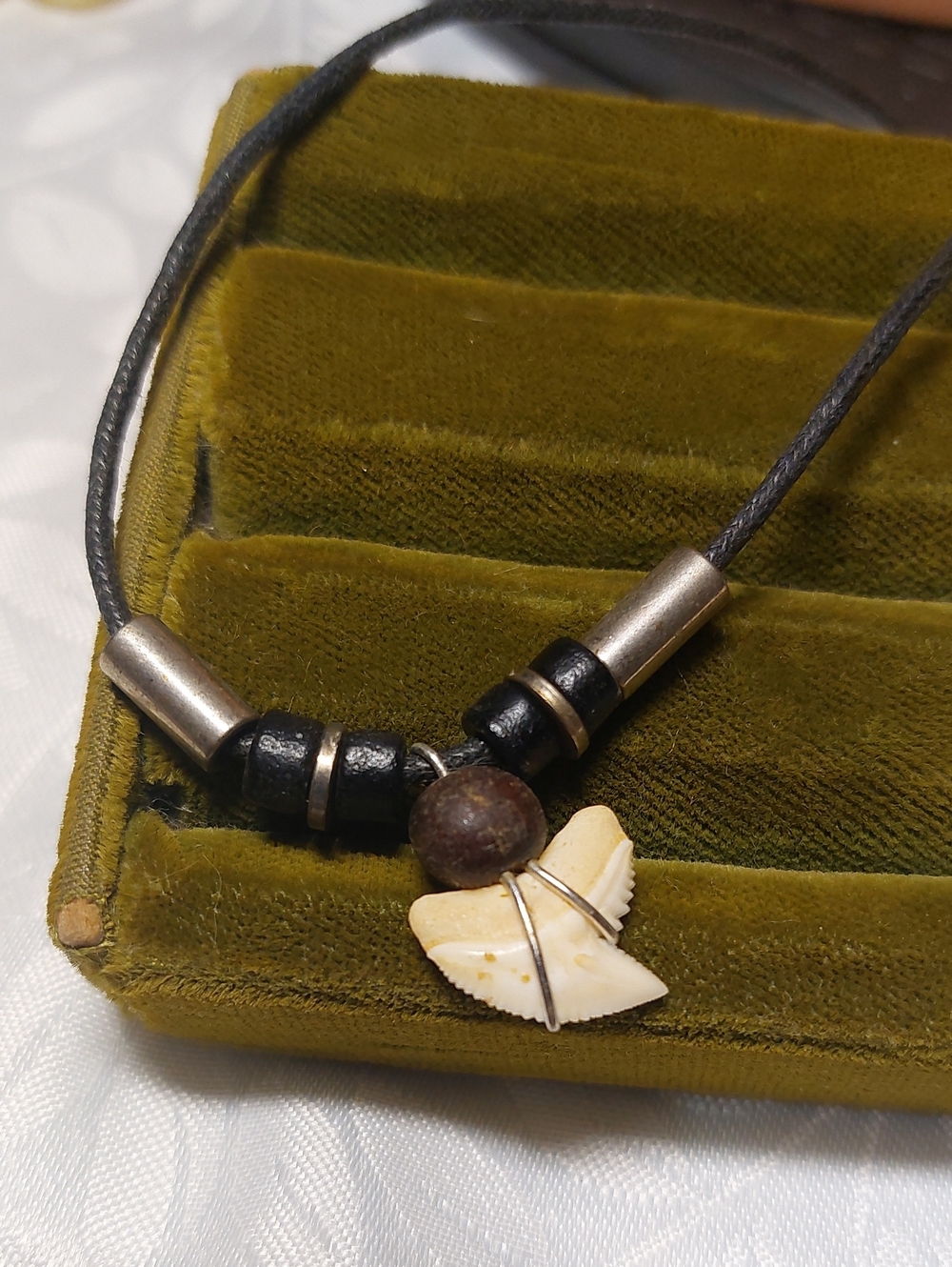 Surfer Style Shark Tooth Pendant Necklace Wood & Metal Beads 18"